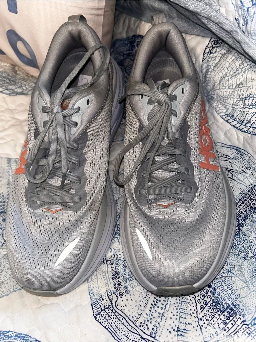 Hoka womens Gray Sneakers with Orange Logo Accents